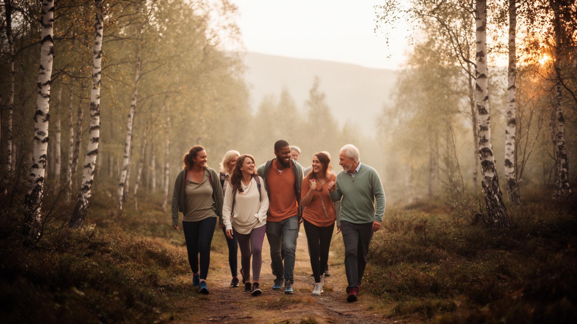 En gruppe mosjonister går sammen på en skogssti i Trøndelag